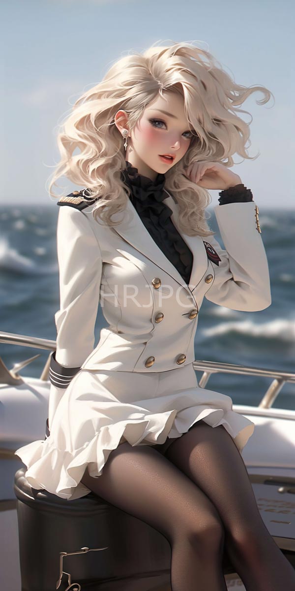 High Resolution: Beautiful blonde-haired woman in an anime style wears a white naval officer's uniform black lace top and stockings sitting on a boat's deck download. | HRJPG.com
