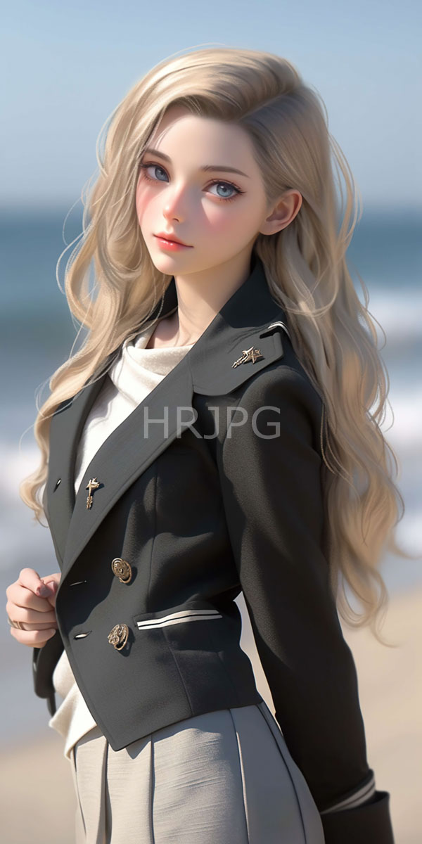 High Resolution: Young fair-skinned woman with long blonde hair and blue eyes wears a black military jacket and grey pleated skirt standing on a beach download. | HRJPG.com