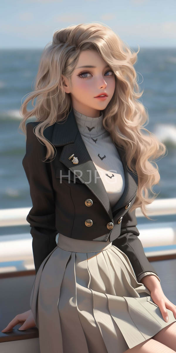 High Resolution: Beautiful woman with blonde hair wears a green military jacket and beige skirt seated on a white railing with a serene expression download. | HRJPG.com