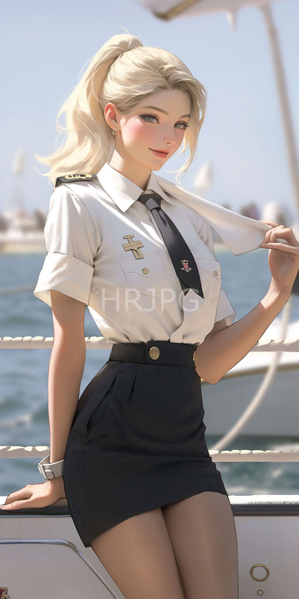 High Resolution: Blonde woman with fair skin wearing a white naval shirt black tie and black skirt is standing on a boat holding her tie download. | HRJPG.com