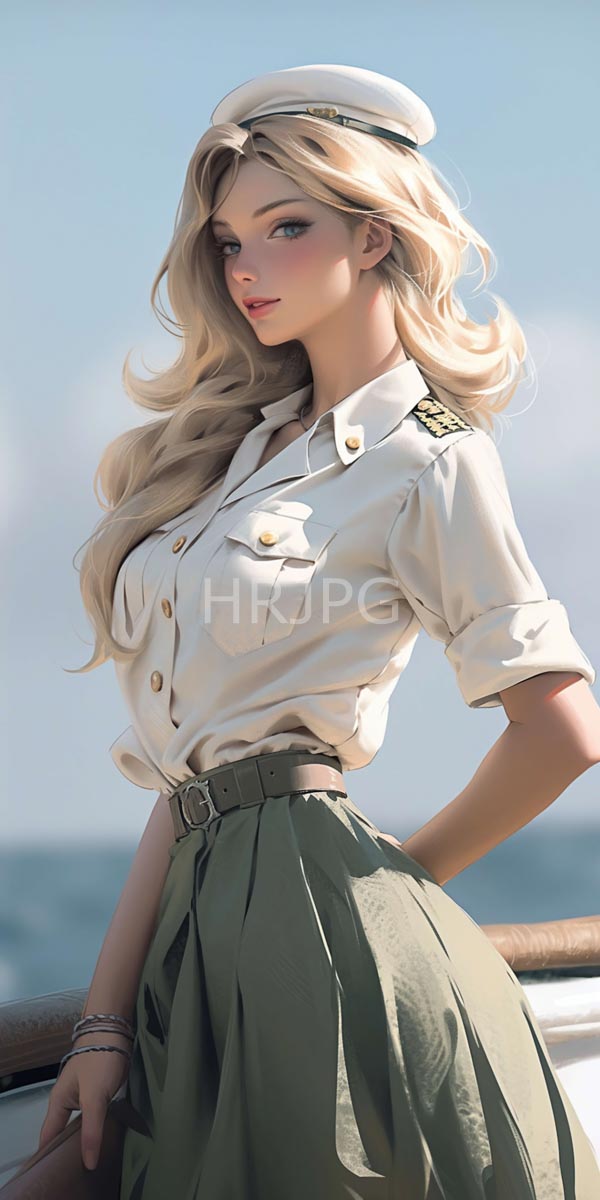 High Resolution: Beautiful blonde woman with wavy hair wears a white naval officer's uniform green high-waisted skirt and a white cap standing on a ship deck download. | HRJPG.com