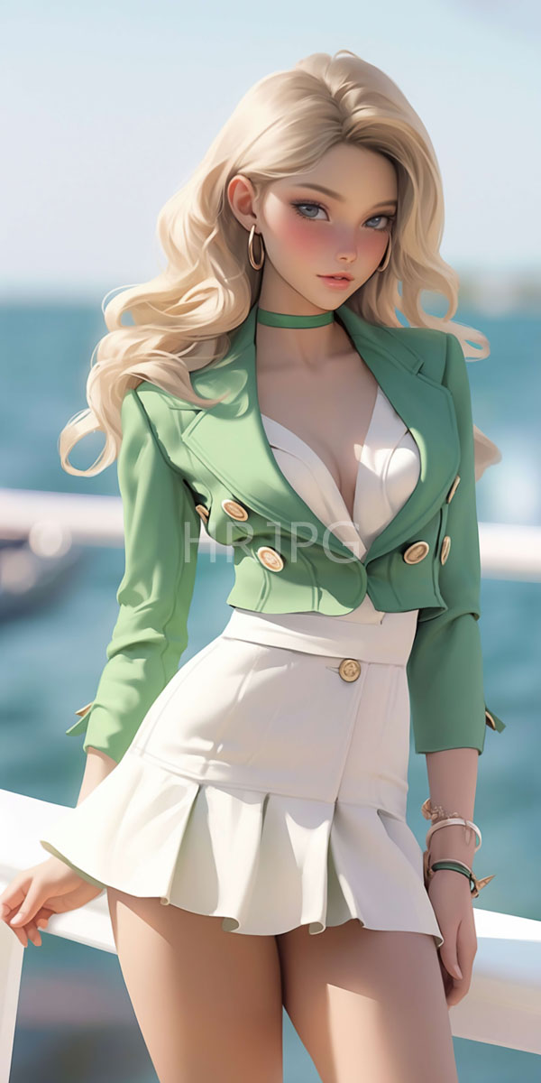 High Resolution: Blonde woman with blue eyes in a green buttoned deep V-neck jacket and white pleated skirt stands on a sunny ocean-view deck with hoop earrings download. | HRJPG.com