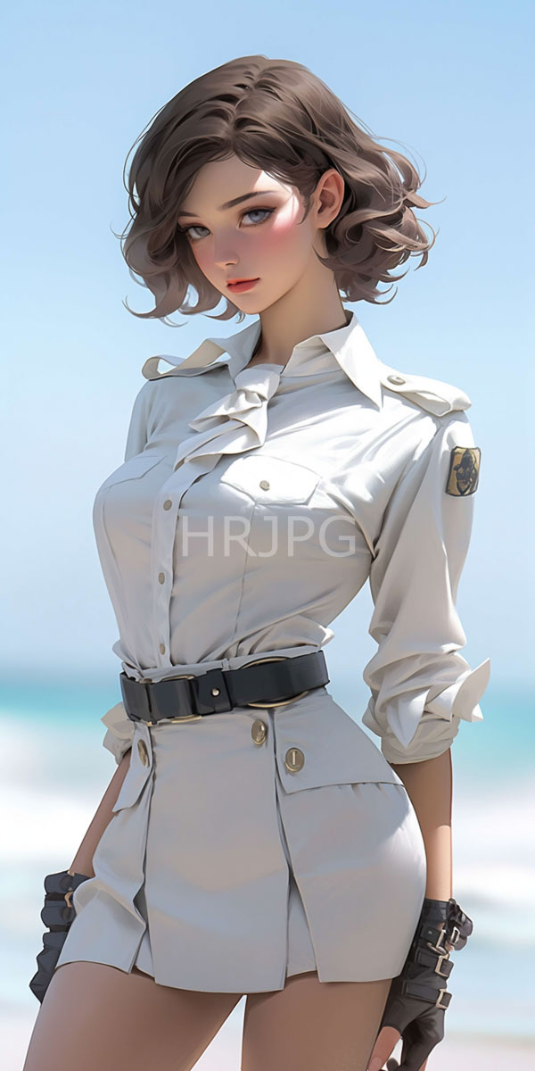 High Resolution: Young attractive woman with brown hair and blue eyes wears a white military shirt high-waisted skirt and black gloves showing a confident expression download. | HRJPG.com