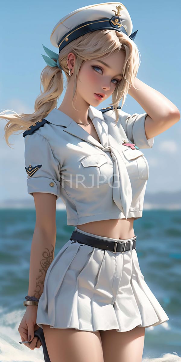 High Resolution: Blonde woman in a white naval uniform and cap with pigtails has a forearm tattoo and holds a black belt against a clear ocean sky download. | HRJPG.com