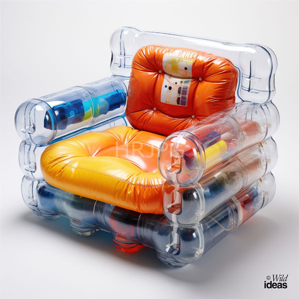 High Resolution: Modern inflatable armchair with a transparent plastic frame features a vibrant orange cushioned seat and blue and clear cylindrical supports download. | HRJPG.com