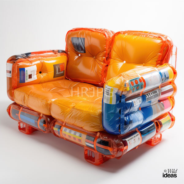 High Resolution: Modern inflatable couch made from stacked colorful plastic features orange and yellow cushions with tufted textures supported by blue and red bases download. | HRJPG.com