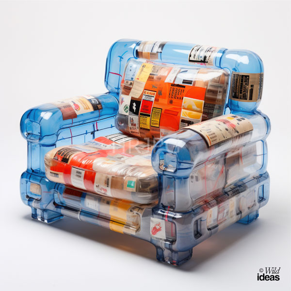 High Resolution: Modern transparent blue armchair made from plastic-wrapped cardboard boxes features a cushioned seat covered in colorful printed labels and barcodes download. | HRJPG.com