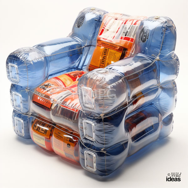 High Resolution: Unique inflatable armchair made from blue and orange plastic packaging materials has a shiny reflective surface with visible seams and a quilted pattern download. | HRJPG.com