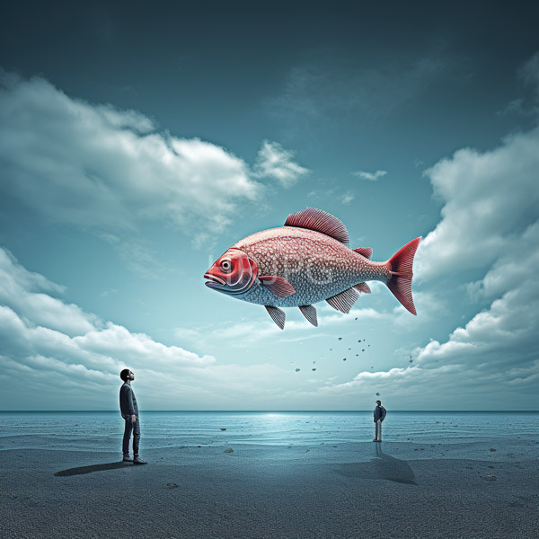 High Resolution: Surreal beach scene depicts two people standing on wet sand gazing at a massive vividly colored red and white fish floating in the sky download. | HRJPG.com