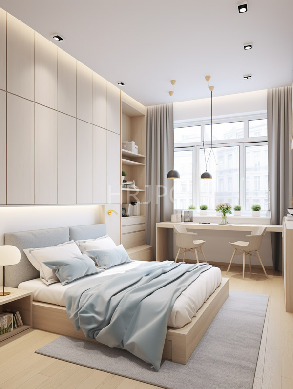 High Resolution: Modern minimalist bedroom features light wooden furniture a bed with blue and white pillows and a duvet centered on a light gray rug download. | HRJPG.com