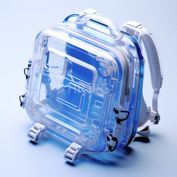 High Resolution: Transparent blue-tinted hard-shell suitcase with white straps and wheels is set against a light blue background revealing the internal structure download. | HRJPG.com