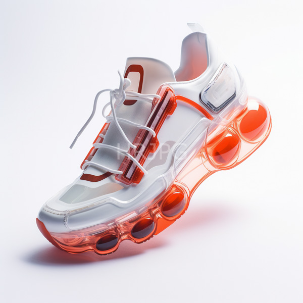 High Resolution: Futuristic white athletic shoe with orange accents features a translucent bubble-like orange sole with circular air pockets and white laces download. | HRJPG.com