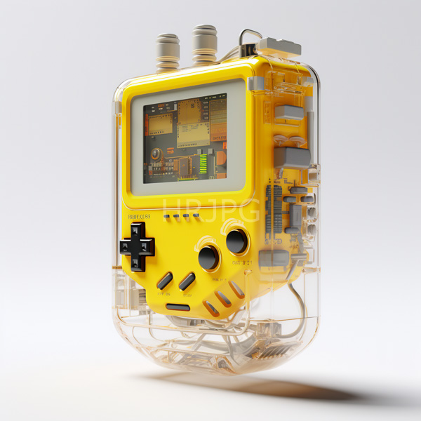 High Resolution: Futuristic yellow transparent handheld device with a digital screen features black control buttons and two cylindrical vents encased in clear plastic download. | HRJPG.com