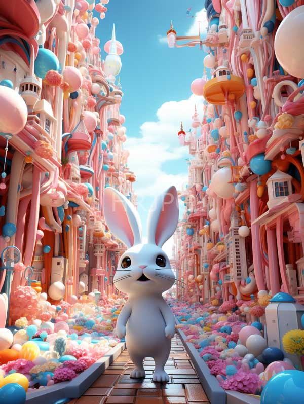 High Resolution: Vibrant whimsical scene features a cute white cartoon-style rabbit with large pink ears standing in the center of a narrow pastel-colored street download. | HRJPG.com