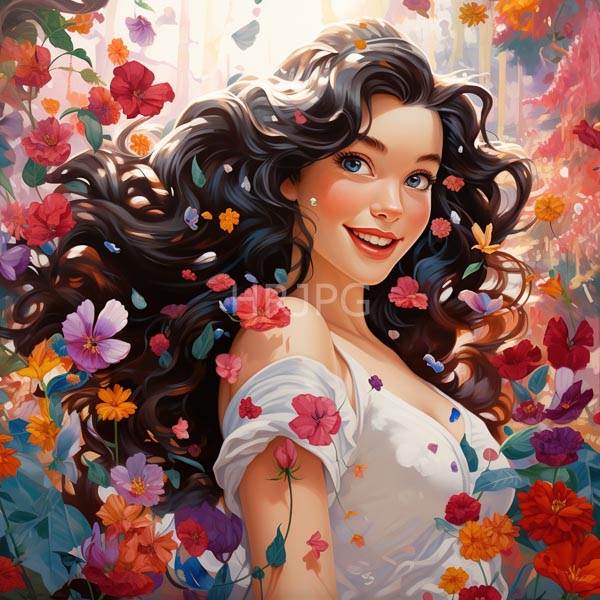 High Resolution: Beautiful young woman with long wavy black hair and blue eyes smiles amidst a vibrant garden of colorful flowers wearing a white off-shoulder blouse download. | HRJPG.com