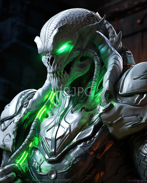 High Resolution: Menacing humanoid alien with a skeletal scaly head and glowing green eyes wears intricately detailed metallic armor with green glowing accents download. | HRJPG.com