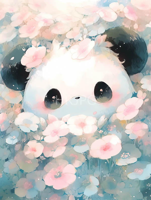 High Resolution: Cute chubby white panda with large black round eyes is surrounded by a dense field of soft pastel pink and white flowers download. | HRJPG.com