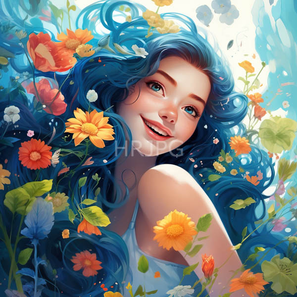High Resolution: Smiling young woman with vibrant blue wavy hair is surrounded by colorful flowers including sunflowers poppies and daisies wearing a white tank top download. | HRJPG.com