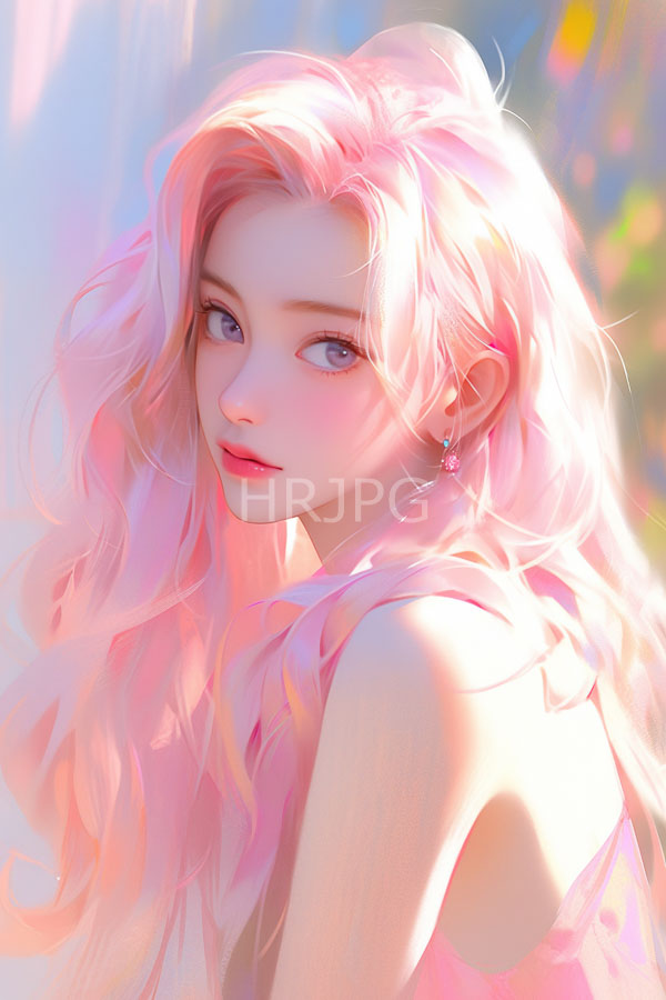 High Resolution: Young woman with long wavy pink hair light skin and blue eyes wears a pink dress and a small cross earring with a gentle expression download. | HRJPG.com