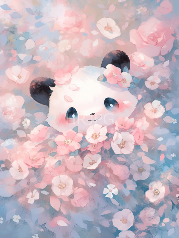 High Resolution: Cute chubby panda with large expressive blue eyes is partially obscured by a dense pastel-colored field of pink and white cherry blossoms download. | HRJPG.com