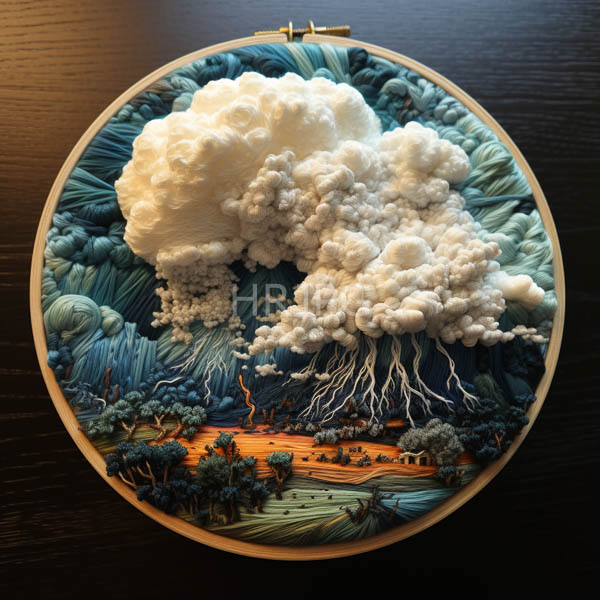 High Resolution: Detailed three-dimensional embroidery piece depicts a dramatic storm scene with large textured white clouds over a dark blue mountainous landscape download. | HRJPG.com