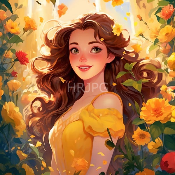 High Resolution: Beautiful young woman with long wavy brown hair wears a yellow off-shoulder dress standing in a vibrant field of yellow flowers download. | HRJPG.com