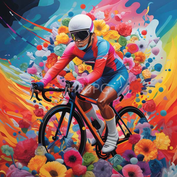 High Resolution: Black cyclist in a vibrant colorful scene wears a white helmet and cycling suit riding an orange road bike amidst a dynamic explosion of multicolored shapes download. | HRJPG.com