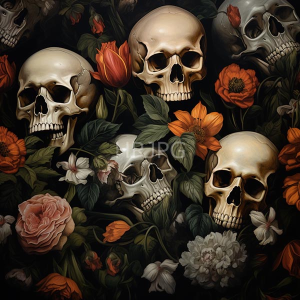 High Resolution: Four human skulls are surrounded by vibrant flowers including orange tulips red poppies and white lilies arranged in a triangular pattern download. | HRJPG.com