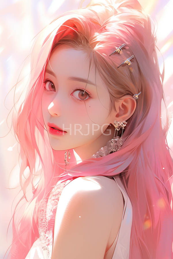 High Resolution: Anime-style portrait of a young woman with long flowing pink hair adorned with hairpins and intricate earrings wears a white lace-trimmed top download. | HRJPG.com