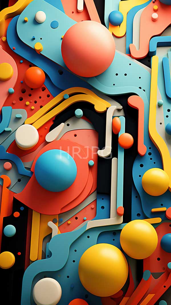 High Resolution: Vibrant abstract composition features colorful overlapping geometric shapes including large and small spheres in red blue yellow and white download. | HRJPG.com