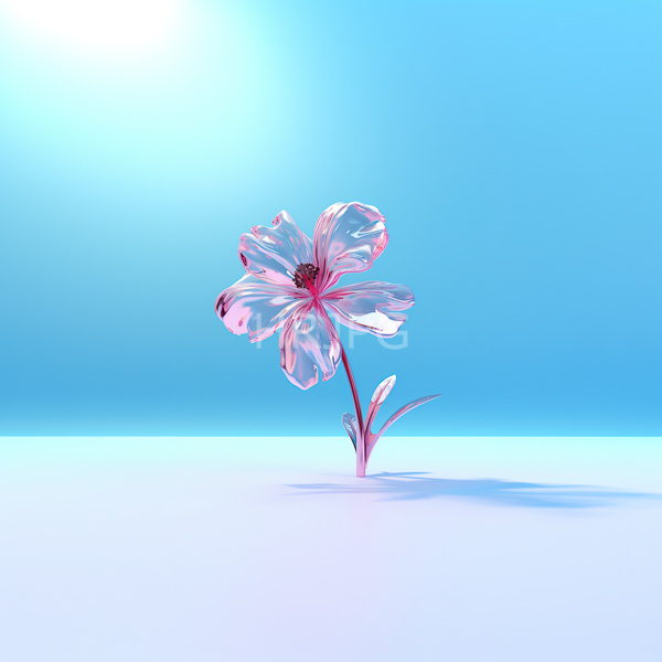 High Resolution: Delicate translucent pink flower with a slender stem and small leaves is set against a gradient blue background with a soft glowing effect download. | HRJPG.com