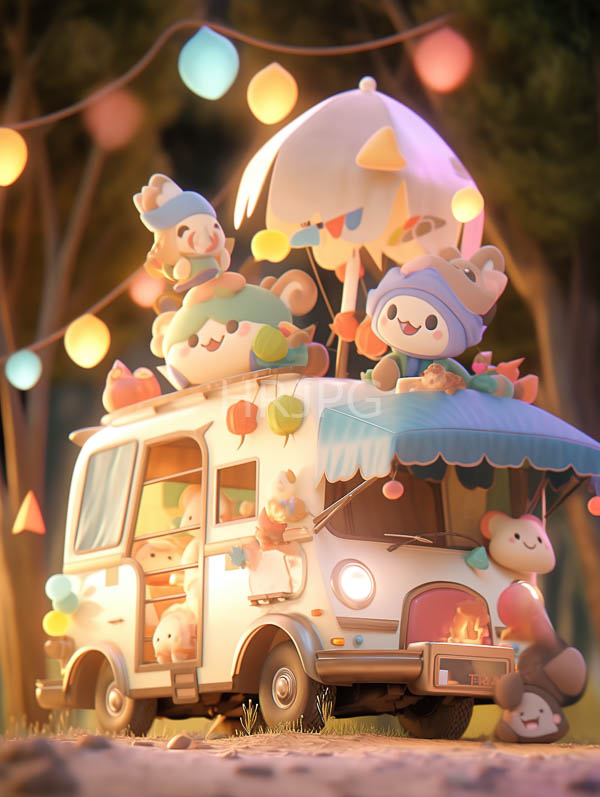 High Resolution: Whimsical white van adorned with colorful pastel-colored string lights is filled with adorable cartoon-style bear and cat characters wearing different hats download. | HRJPG.com