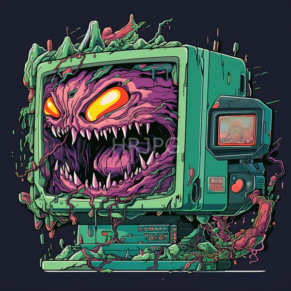 High Resolution: Grotesque horror-themed CRT television with a cracked rusted casing shows a distorted screen featuring a monstrous purple tentacled face download. | HRJPG.com