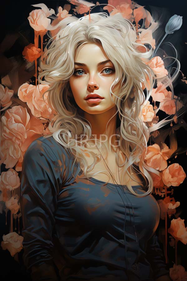 High Resolution: Beautiful fair-skinned woman with wavy platinum blonde hair and striking blue eyes wears a dark blue long-sleeved top surrounded by soft pink and orange flowers download. | HRJPG.com