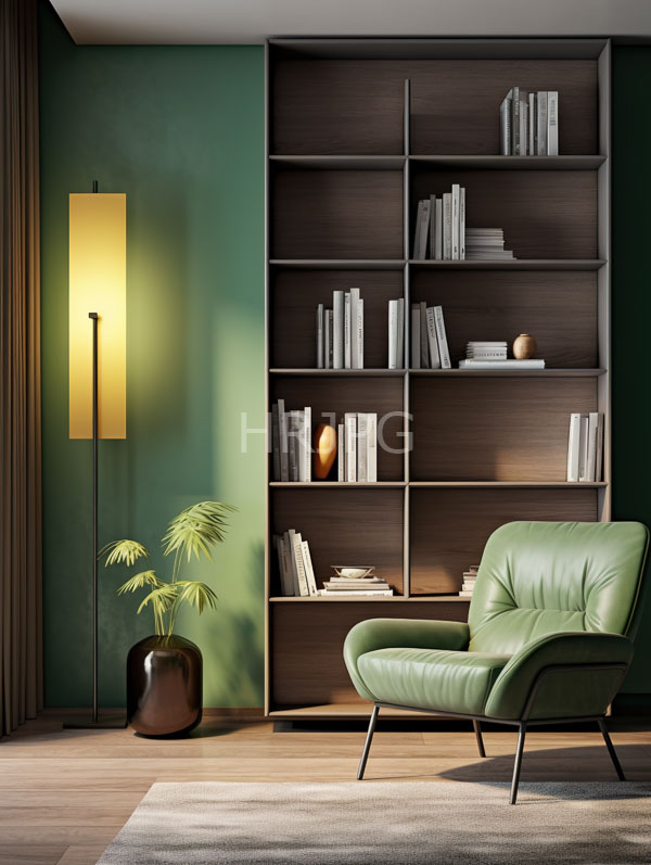 High Resolution: Modern living room features a green leather armchair with black metal legs positioned in front of a tall dark wooden bookshelf download. | HRJPG.com