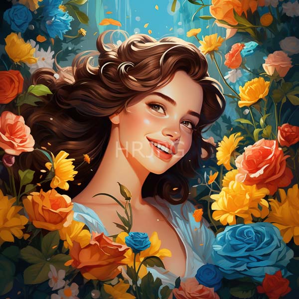 High Resolution: Smiling young woman with wavy brown hair and rosy cheeks is surrounded by vibrant yellow orange and blue roses wearing a white sheer top download. | HRJPG.com