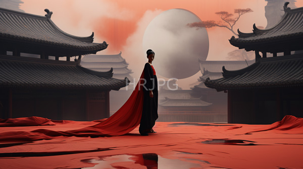 High Resolution: Solitary figure in traditional East Asian attire and a flowing red cape stands on a reflective red-tiled courtyard facing a large glowing sun download. | HRJPG.com