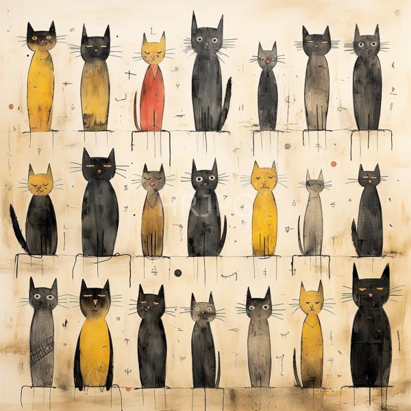 High Resolution: Watercolor drawing features 24 stylized cats in three rows varying in color from black yellow and gray standing upright with simple elongated forms download. | HRJPG.com