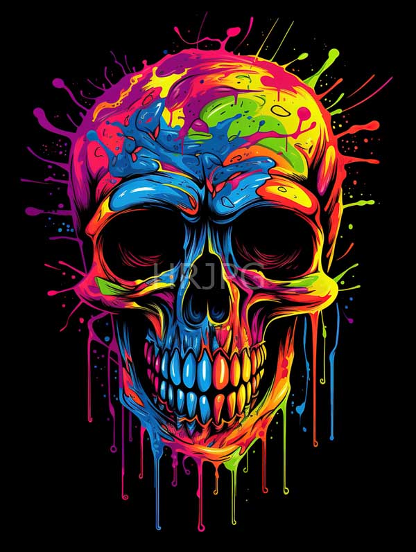 High Resolution: Vibrant neon-colored skull features splattered paint effects in bold hues of pink blue yellow and green with paint dripping from its lower jaw download. | HRJPG.com