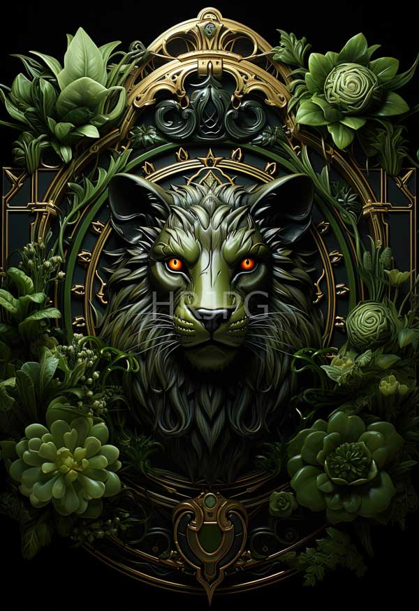 High Resolution: Dark intricately detailed lion's head with glowing red eyes is surrounded by lush green succulents and an ornate gold Victorian-style frame download. | HRJPG.com