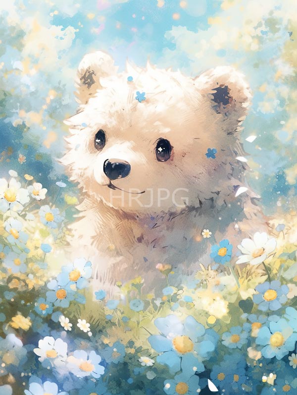 High Resolution: Fluffy white bear with large black shiny eyes and a small black nose is surrounded by a vibrant field of blue and yellow flowers download. | HRJPG.com