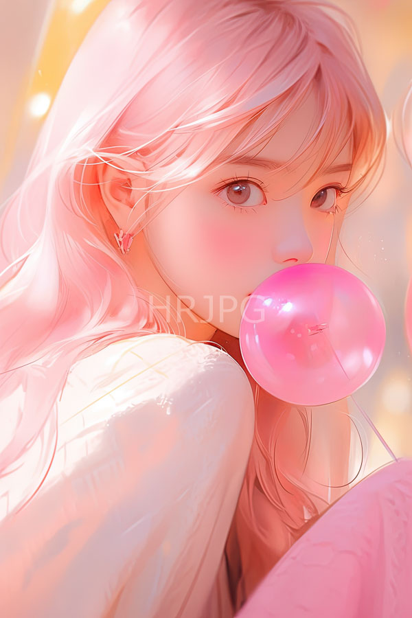 High Resolution: Anime-style drawing of a young woman with long pastel pink hair blowing a pink bubblegum bubble wears a white textured sweater download. | HRJPG.com