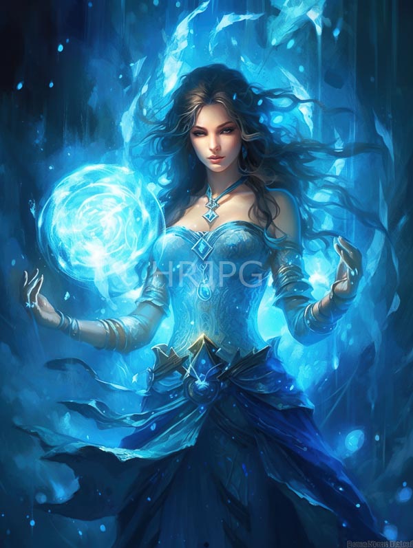 High Resolution: Beautiful fair-skinned woman with long flowing blue hair wears an intricate glowing blue dress holding a swirling magical blue orb download. | HRJPG.com