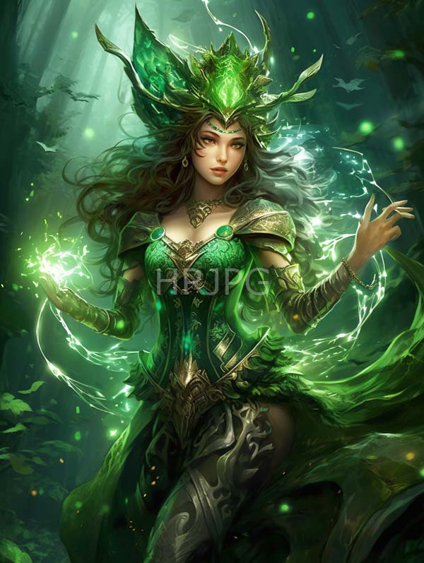 High Resolution: Beautiful green-skinned female sorceress with long wavy brown hair wears an ornate green and gold armored dress and a leafy headdress holding a glowing green magical orb download. | HRJPG.com