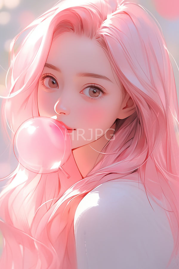 High Resolution: Anime-style portrait of a young woman with long flowing pink hair blowing a pink bubblegum bubble has large expressive brown eyes and a fair complexion download. | HRJPG.com