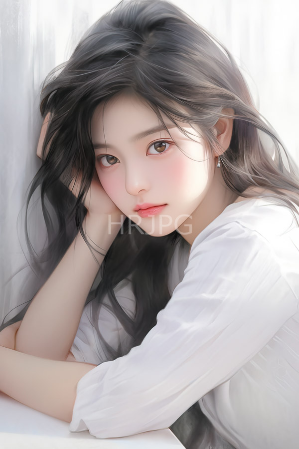 High Resolution: East Asian woman with long flowing black hair fair skin and soft pink blush wears a white slightly wrinkled shirt resting her head on her hand download. | HRJPG.com