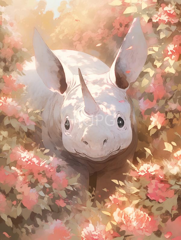 High Resolution: White rhinoceros with a single horn large ears and gentle eyes is surrounded by vibrant pink and green foliage with soft sunlight filtering through download. | HRJPG.com