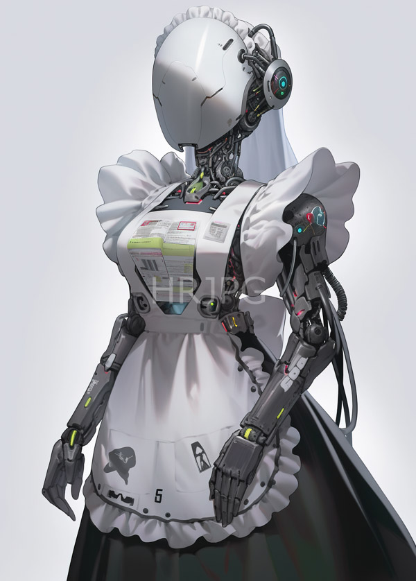 High Resolution: Humanoid robot dressed in a traditional white maid outfit with a frilled apron and cap has a sleek featureless white face and exposed mechanical joints download. | HRJPG.com