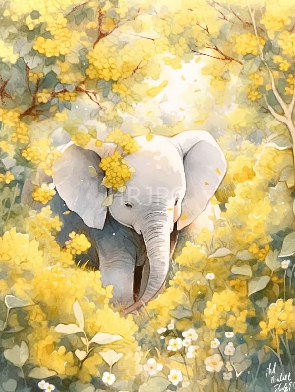 High Resolution: Young elephant with gray skin large ears and a long trunk is surrounded by vibrant yellow flowers and green foliage with sunlight filtering through download. | HRJPG.com