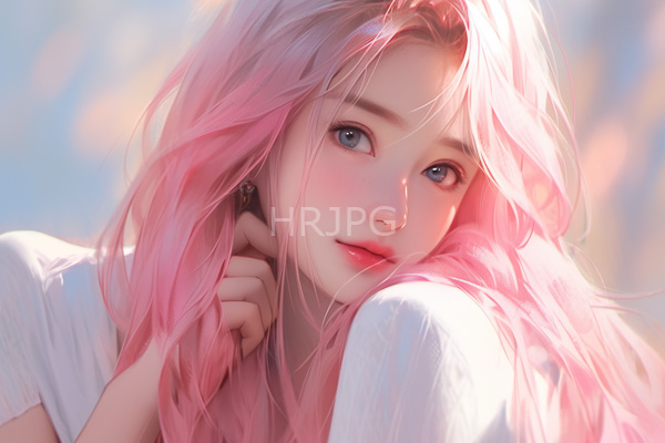 High Resolution: Young woman with long pastel pink hair large blue eyes and fair skin wears a white shirt gazing softly at the viewer with a gentle smile download. | HRJPG.com